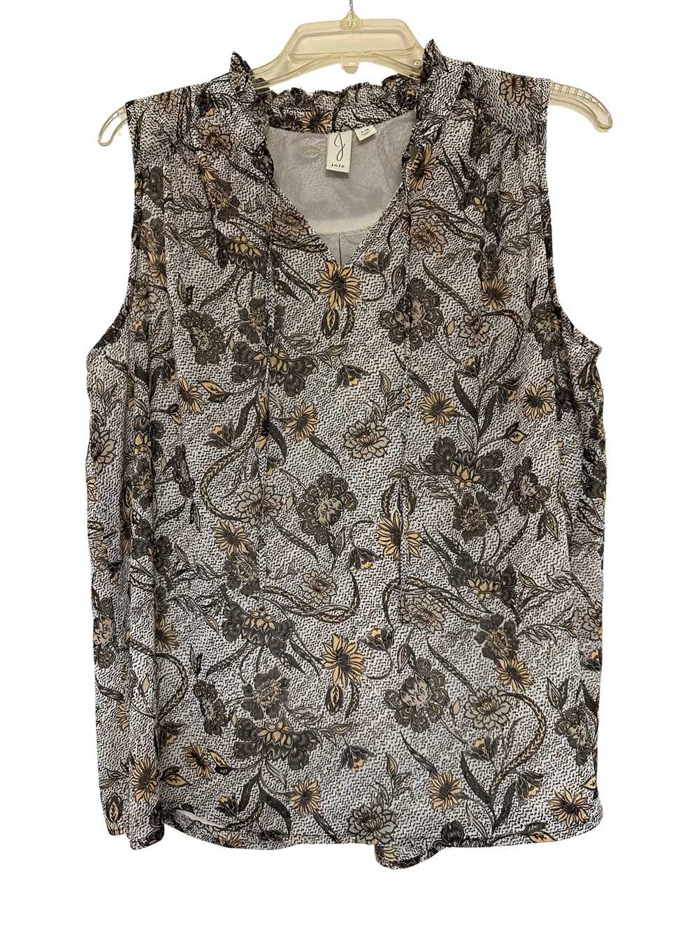Joie Floral Metallic Sleeveless Blouse Top Ruffle Mock Neck Size L Gold Shimmer